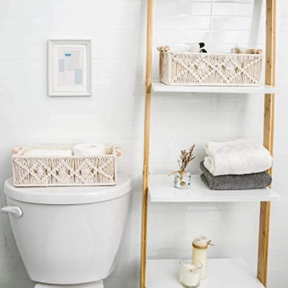 Set of 2 Ivory macrame toilet paper holder and storage basket